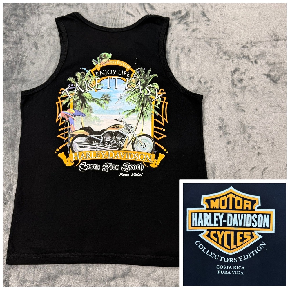 Harley-Davidson Costa Rica Beach Tank Top Mens Medium Black Pura Vida Dealer - Picture 1 of 8